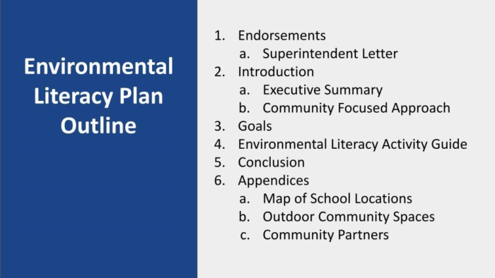 Image of a slide showing the shared Environmental Literacy Plan Outline. (1) Endorsements (a) Superintendent Letter; (2) Introduction (a) Executive Summary (b) Community Focused Approach; (3) Goals; (4) Environmental Literacy Activity Guide; (5) Conclusion; (6) Appendices (a) Map of School Locations (b) Outdoor Community Spaces (c) Community Partners