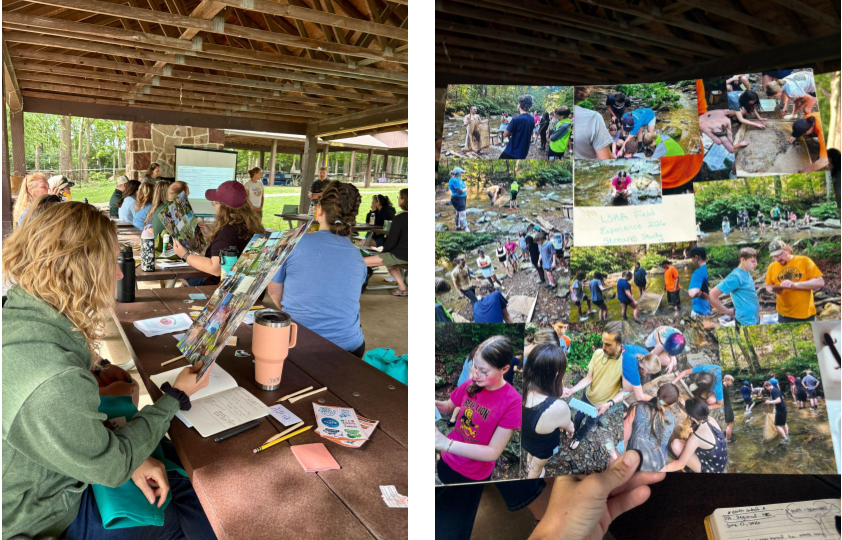 Left image, educators sit at picnic tables outdoors under a pavilion, looking at a collage of photos. Right image, a hand holds up a collage of photos of students engaging in outdoor education.