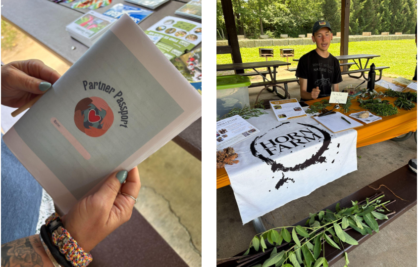 Left image, two hands hold a printed out booklet labeled "Partner Passport."  Right image, a young man sits behind an instructional table for Horn Farm with clippings of different plants on it.
