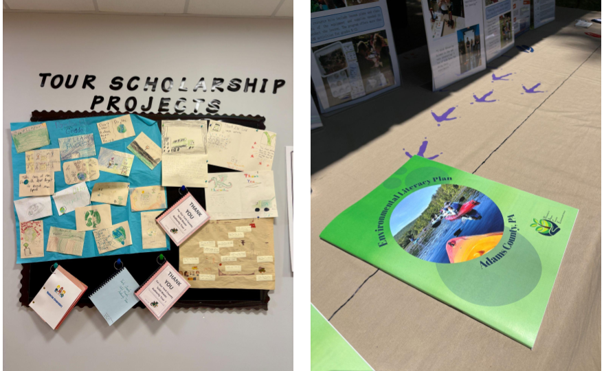 Left image, drawings and booklets are attached to a bulletin board labeled Tour Scholarship Projects. Right image, the Adams County, PA Environmental Literacy Plan on top of a desk.