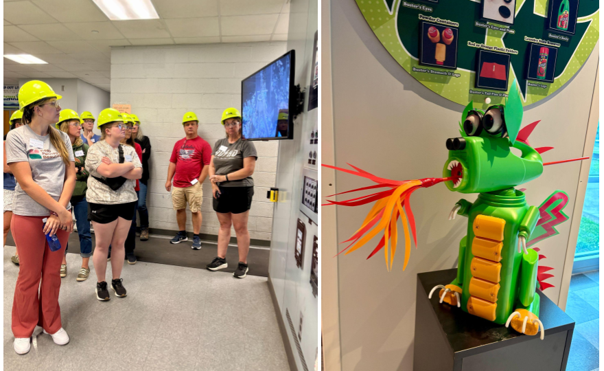 Left image, teachers stand in yellow hardhats and look at a screen. Right image, a green dragon spewing flames made out of recycled plastic materials.