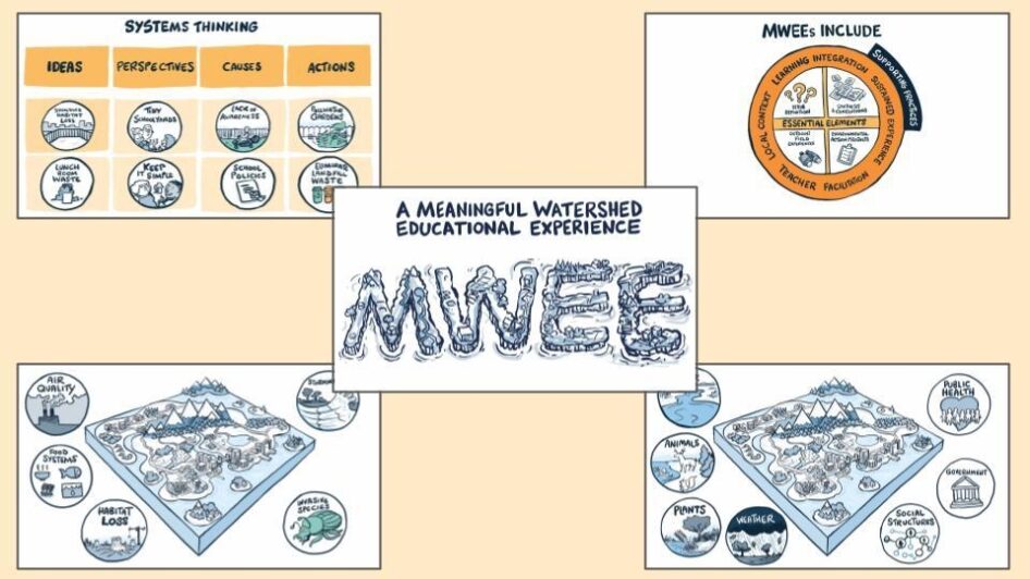 Thumbnails for the five MWEE graphics which include Systems Thinking, MWEEs Include, and watershed graphics