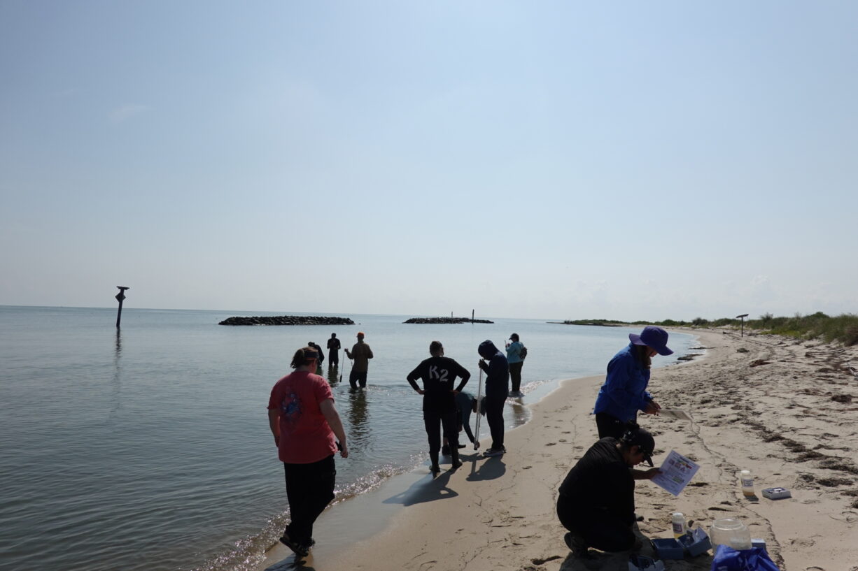 A group of teachers collect physical and chemical water quality data along a beach.